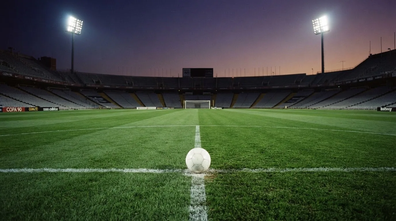 Ein Fußball liegt auf dem Anstoßpunkt eines leeren Rasenplatzes, im Hintergrund steht ein Stadion unter Flutlicht in der Dämmerung.