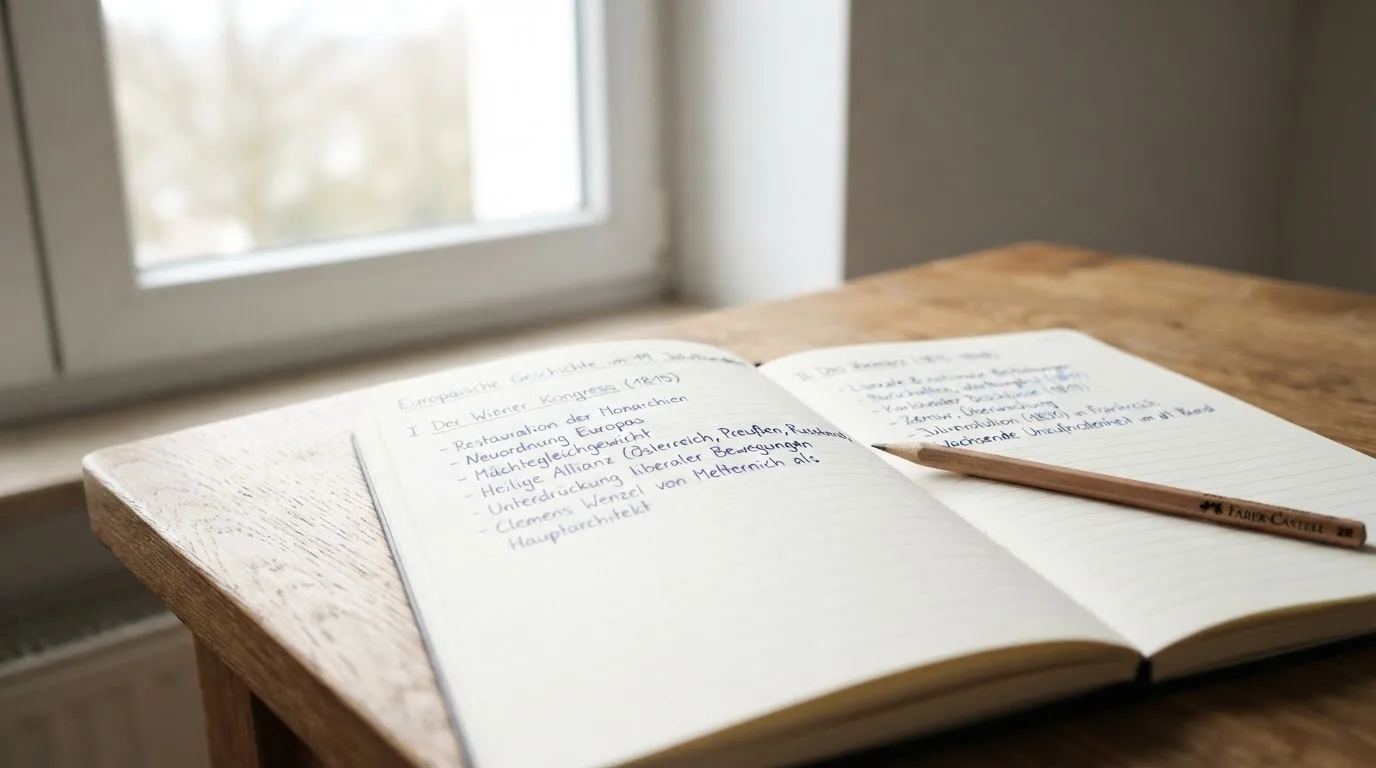 Ein Notizbuch mit handschriftlichen Notizen und ein Bleistift liegen auf einem Schreibtisch am Fenster, draußen fällt Morgenlicht herein.