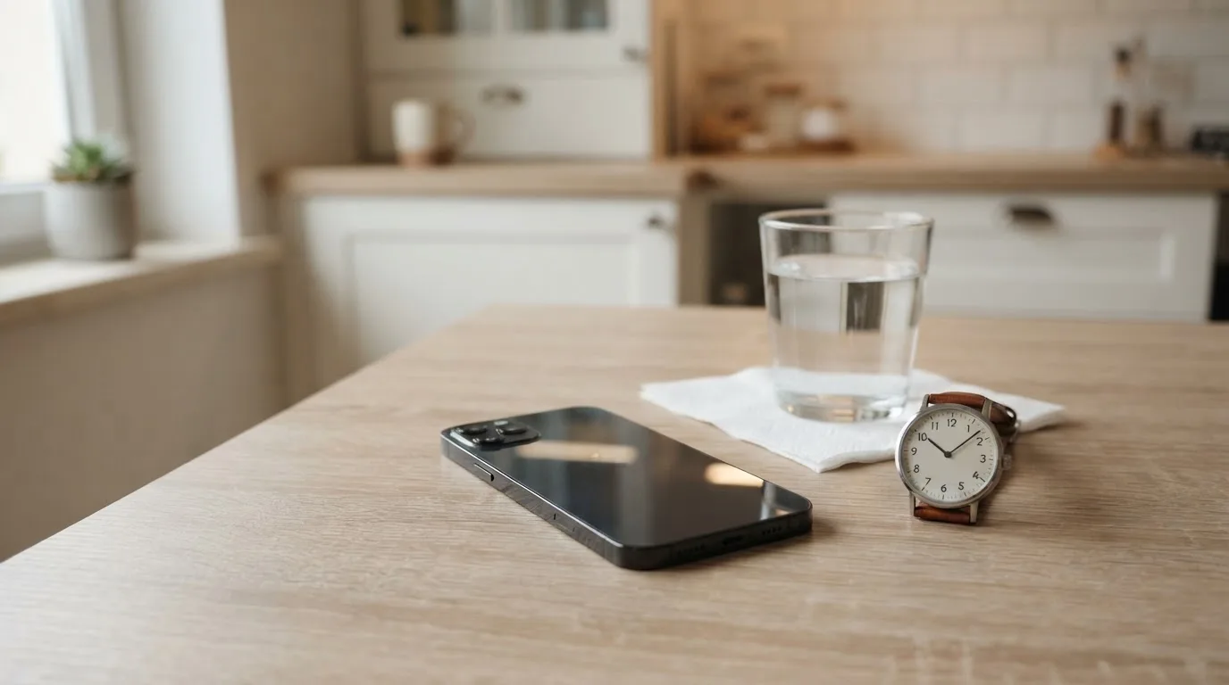 Ein Smartphone liegt mit dem Display nach unten auf einem Küchentisch, daneben stehen ein Glas Wasser und eine Armbanduhr.