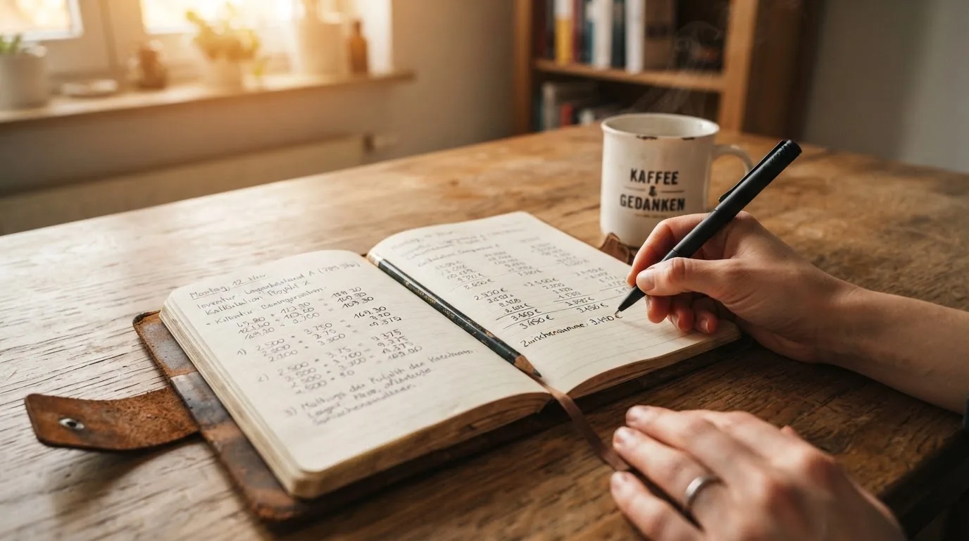 Ein Notizbuch mit handschriftlichen Rechnungen und ein Taschenrechner liegen auf einem Schreibtisch neben einer Tasse Kaffee im Licht des frühen Morgens.