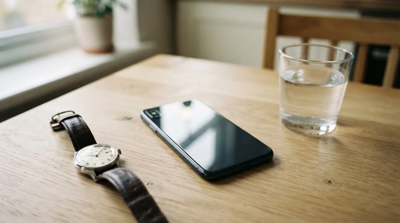 Ein Smartphone liegt mit dem Display nach unten auf einem Küchentisch, daneben stehen ein Glas Wasser und eine Armbanduhr.