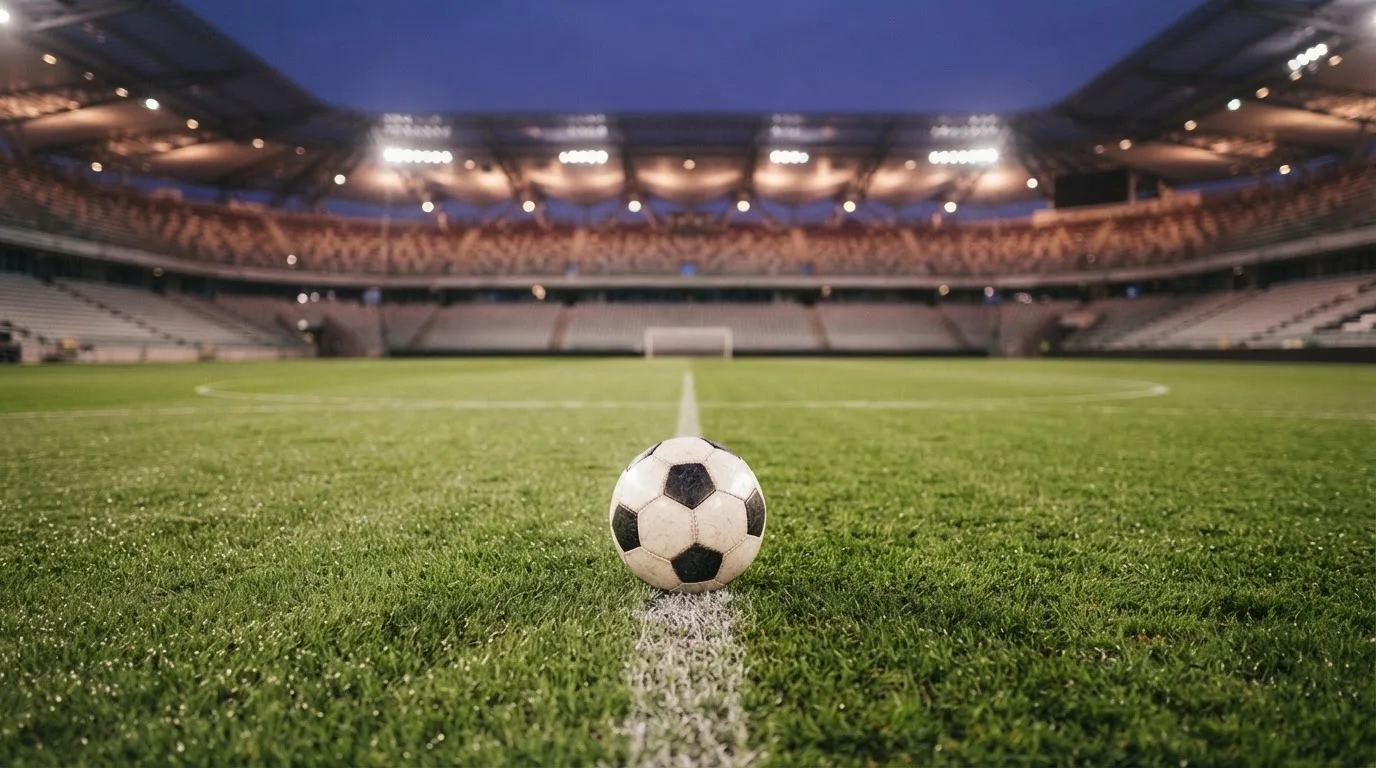 Ein Fußball liegt auf dem Rasen eines leeren Platzes, im Hintergrund ein Stadion unter Flutlicht in der Abenddämmerung.
