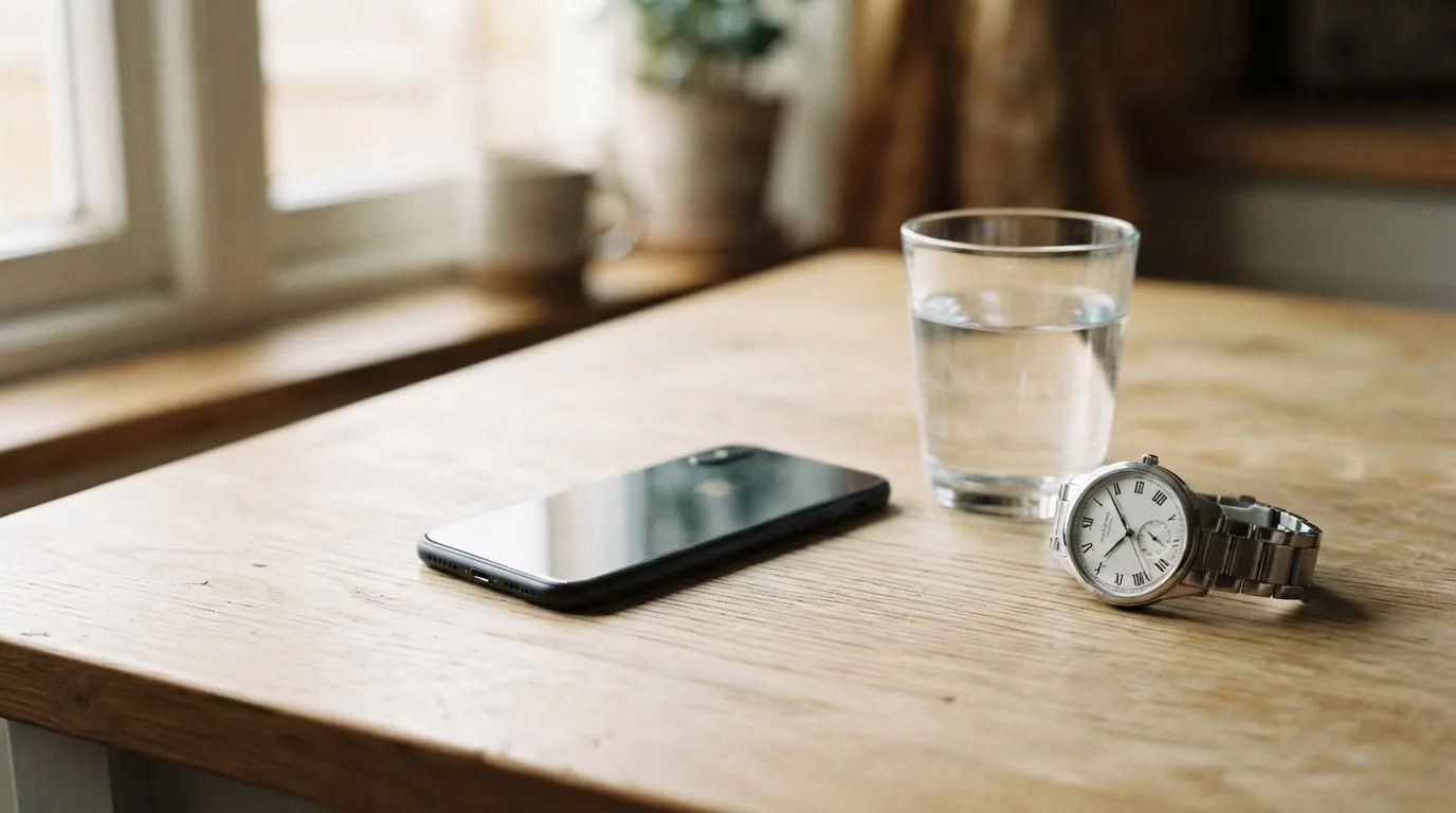 Ein Smartphone liegt mit dem Display nach unten auf einem Küchentisch, daneben stehen ein Glas Wasser und eine Armbanduhr.