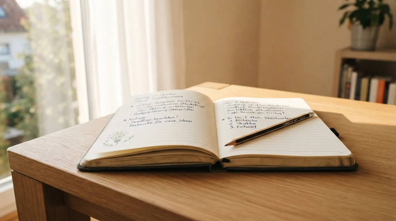 Ein Notizbuch mit handschriftlichen Notizen und ein Bleistift liegen auf einem Schreibtisch am Fenster, draußen fällt Morgenlicht herein.