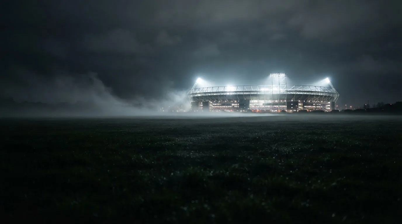 Ein Stadion unter Flutlicht, aus großer Entfernung über eine dunkle Wiese fotografiert, am Himmel zieht Nebel auf.