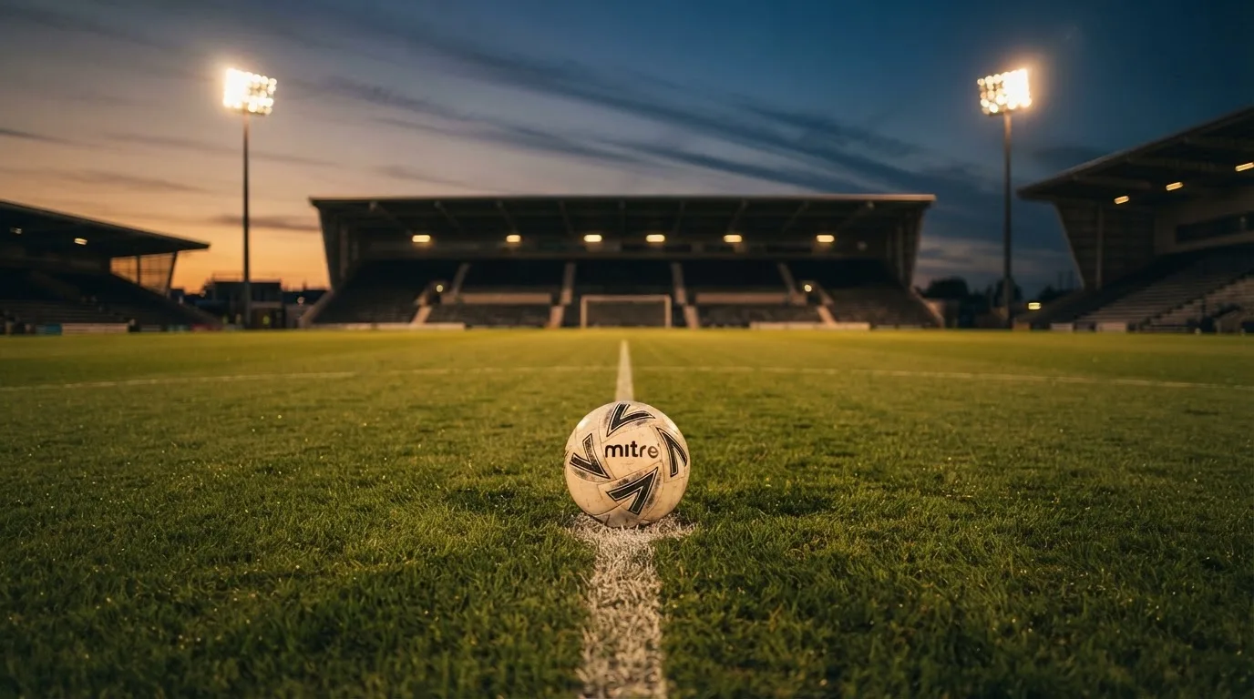 Ein Fußball liegt auf dem Anstoßpunkt eines leeren Rasenplatzes, im Hintergrund steht ein Stadion unter Flutlicht in der Dämmerung.