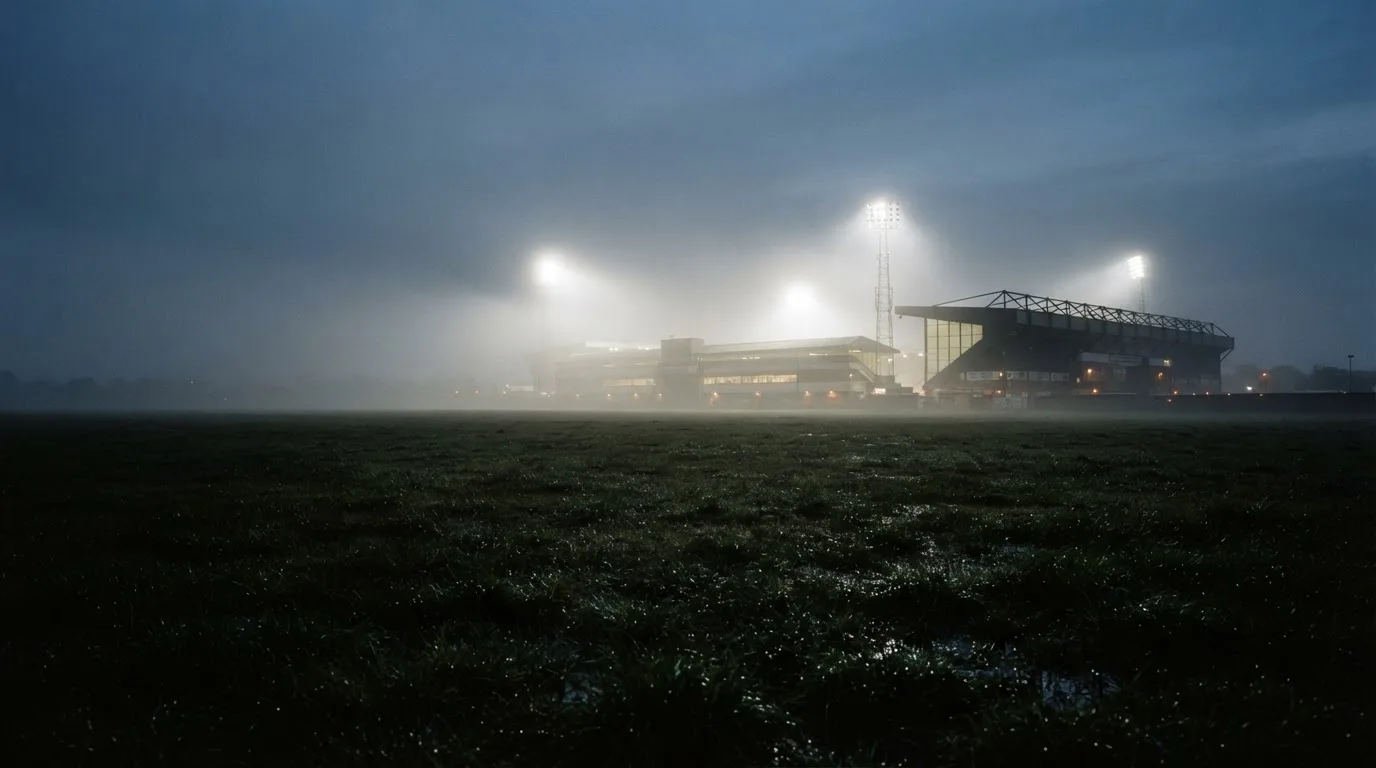 Ein Stadion unter Flutlicht, aus großer Entfernung über eine dunkle Wiese fotografiert, am Himmel zieht Nebel auf.