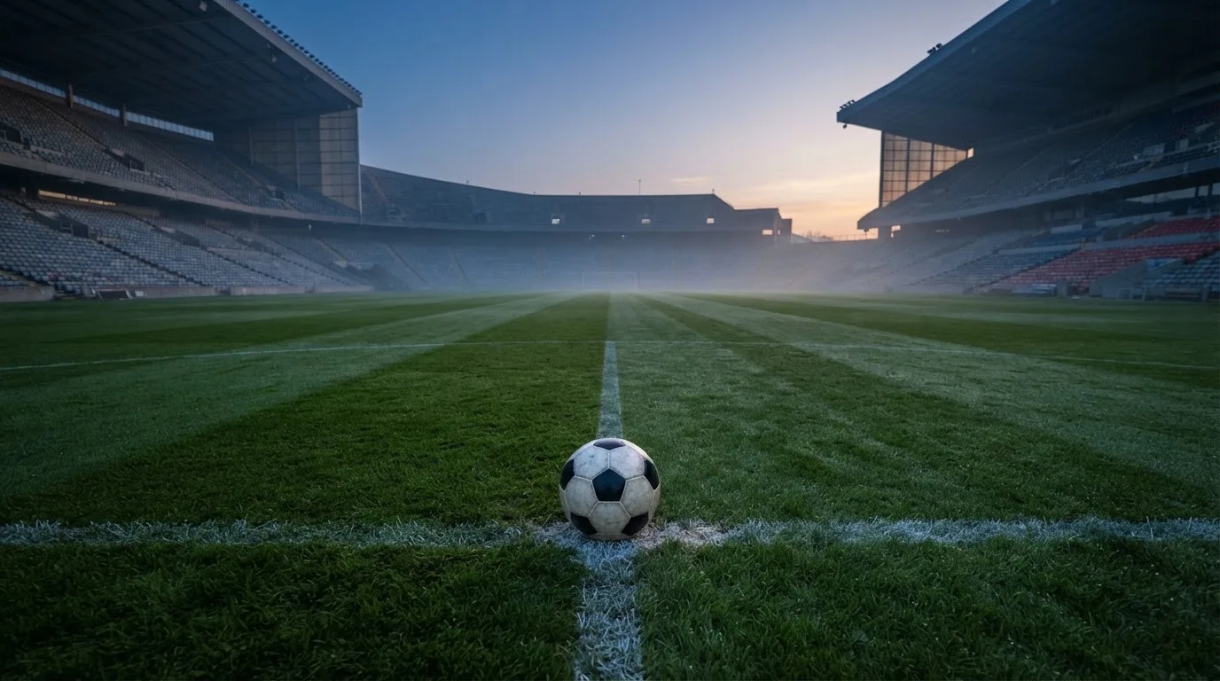 Ein Fußball liegt auf dem Anstoßpunkt eines leeren Rasenplatzes in der Morgendämmerung, im Hintergrund eine leere Tribüne.