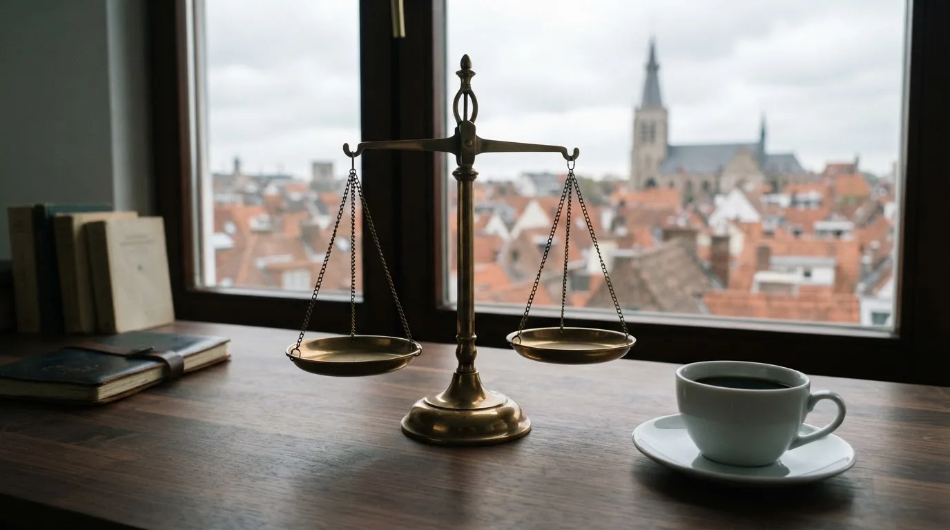 Eine Messingwaage steht auf einem dunklen Holzschreibtisch neben einer Kaffeetasse, im Hintergrund ein Fenster mit Blick auf Dächer.