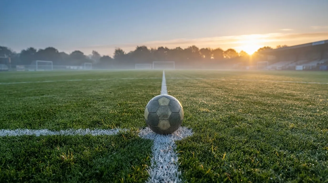 Ein Fußball ruht auf dem Mittelkreis eines leeren Rasenplatzes in der Morgendämmerung, Tau liegt auf dem Gras.