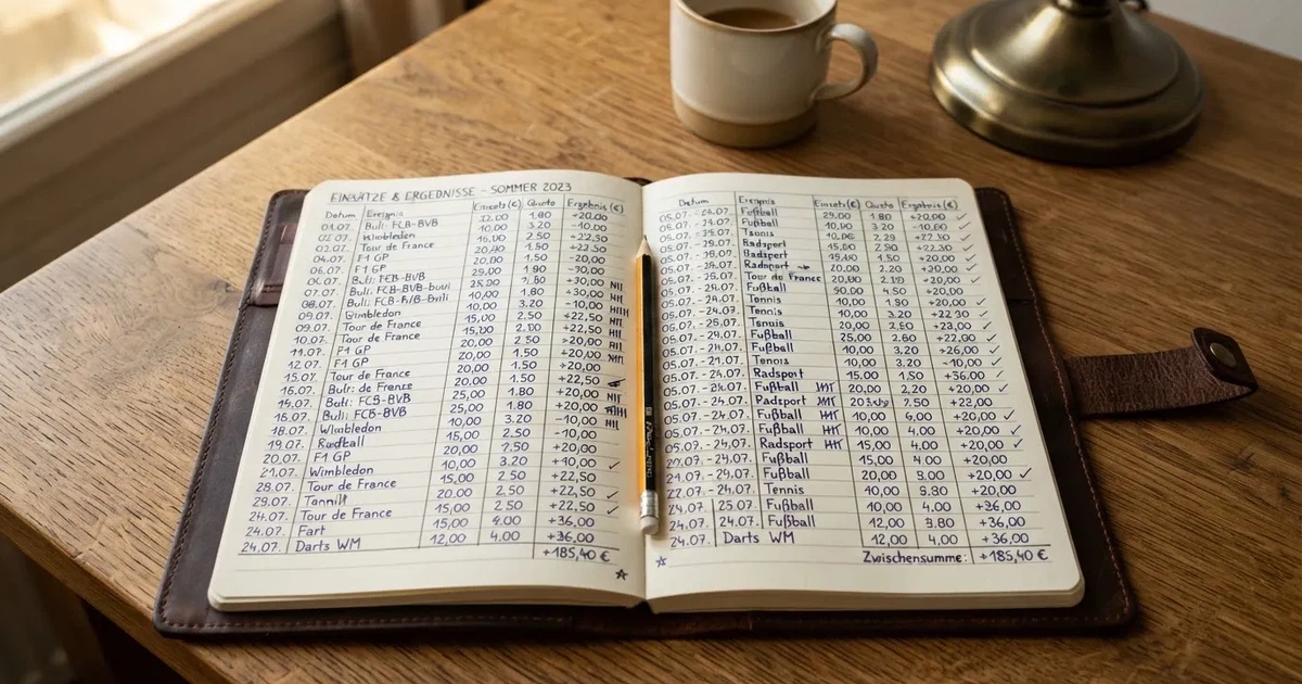 Ein Notizbuch mit handschriftlichen Spalten und Strichlisten liegt neben einem Taschenrechner und einem Bleistift auf einem Schreibtisch.