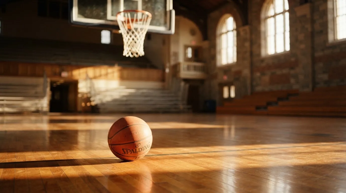 Ein Basketball liegt auf dem Hallenboden unter einem Korb, das Netz hängt ruhig, Morgenlicht fällt durch hohe Fenster.
