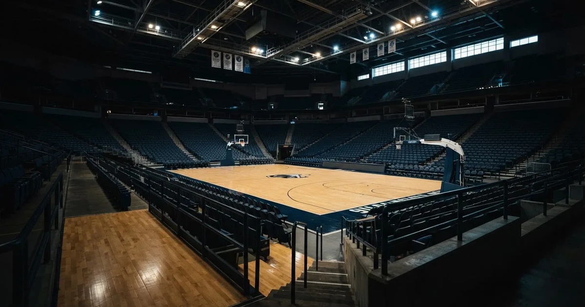 Eine leere Basketballhalle von einer oberen Tribünenreihe aus gesehen, Parkett und Körbe im Licht der Hallenstrahler.