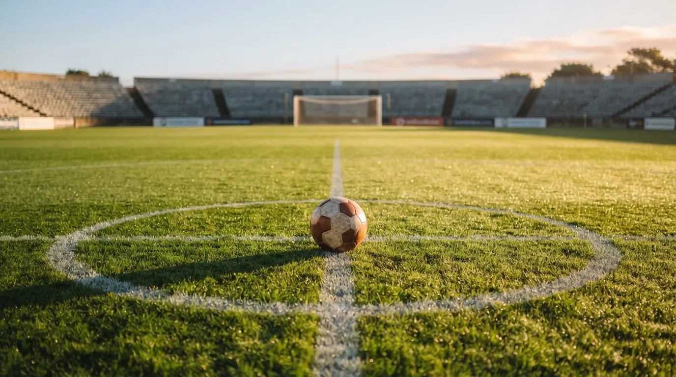 Ein Fußball liegt auf dem Anstoßkreis eines leeren Rasenplatzes im Licht der Morgensonne.