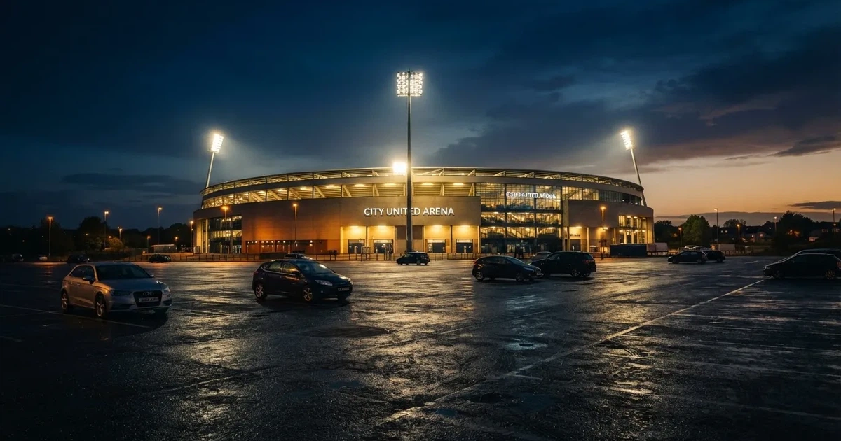 Ein Fußballstadion unter Flutlicht aus großer Entfernung, davor ein dunkler Parkplatz und ein heller Abendhimmel.