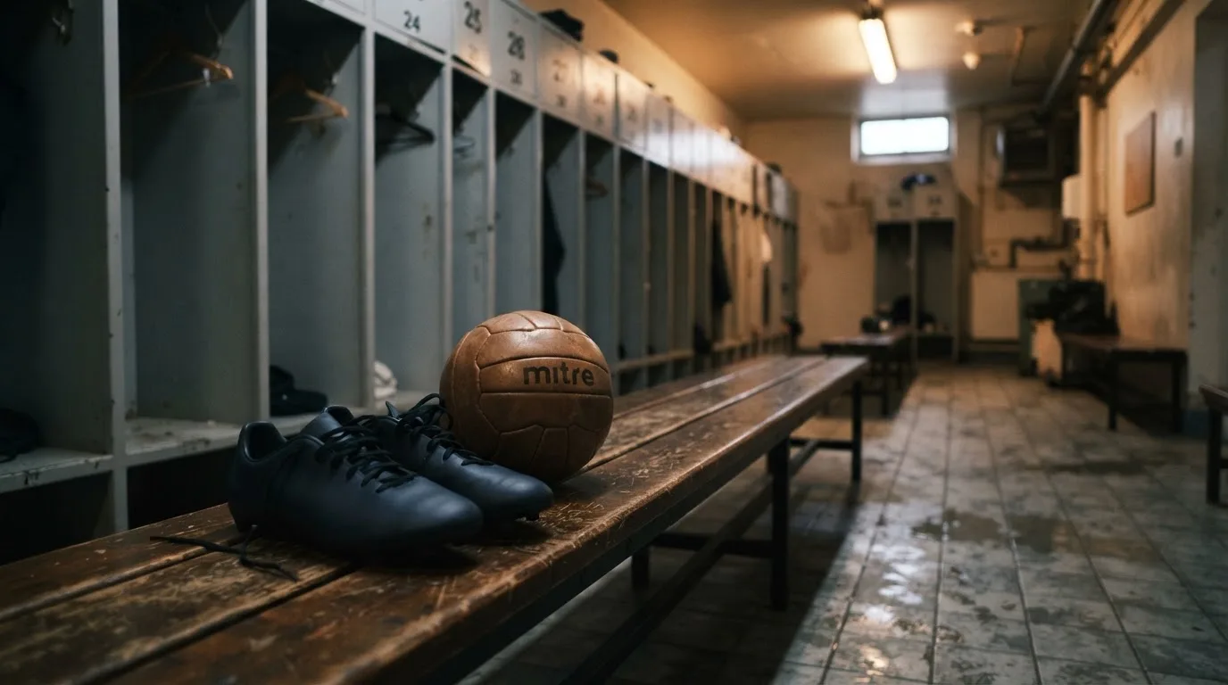 Ein Fußball liegt neben einem Paar Fußballschuhen ohne Markenzeichen auf einer Holzbank in einer leeren Umkleide.