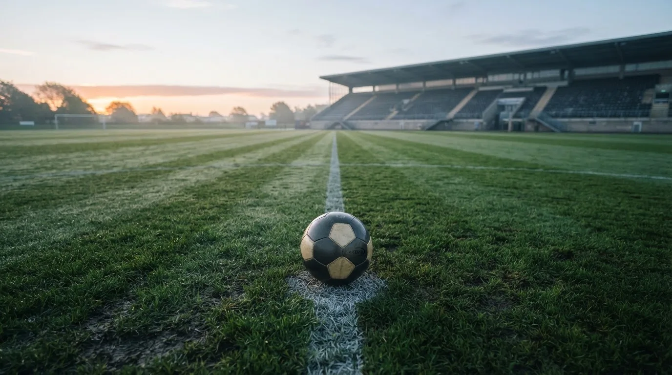 Ein Fußball liegt auf dem Anstoßpunkt eines leeren Rasenplatzes in der Morgendämmerung, im Hintergrund eine leere Tribüne.