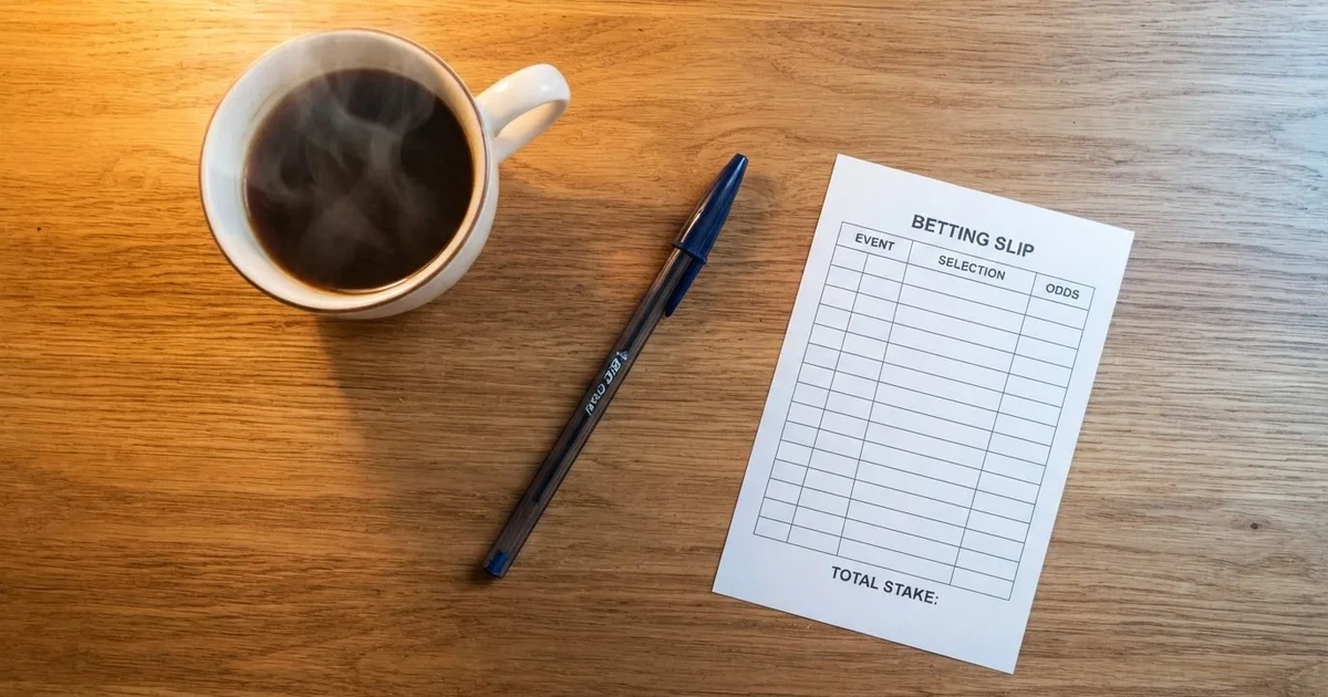 Ein leerer Wettschein aus Papier liegt neben einem Kugelschreiber und einer Tasse Kaffee auf einem Tisch, Aufnahme von oben.