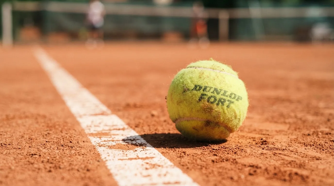 Ein einzelner Tennisball liegt auf rotem Sand neben einer weißen Linie, geringe Schärfentiefe.