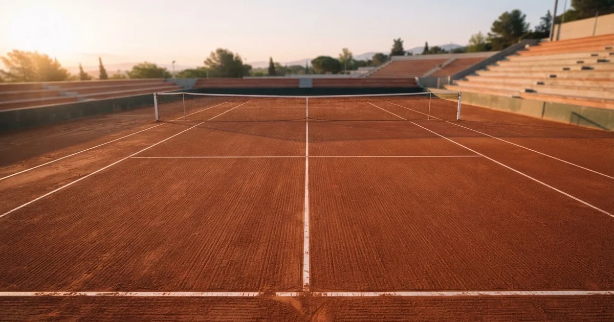 Ein Sandplatz im frühen Morgenlicht, frisch gewalzt, mit weißen Linien und einem Netz im Hintergrund, keine Menschen.