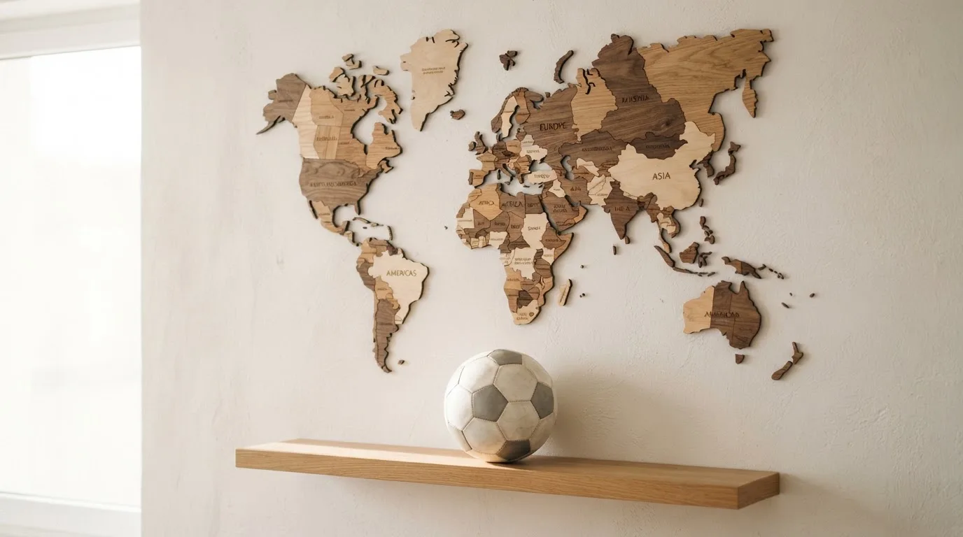 Eine Weltkarte aus Holz hängt an einer Wand, davor liegt ein Fußball auf einem Regal, ohne erkennbare Beschriftung.