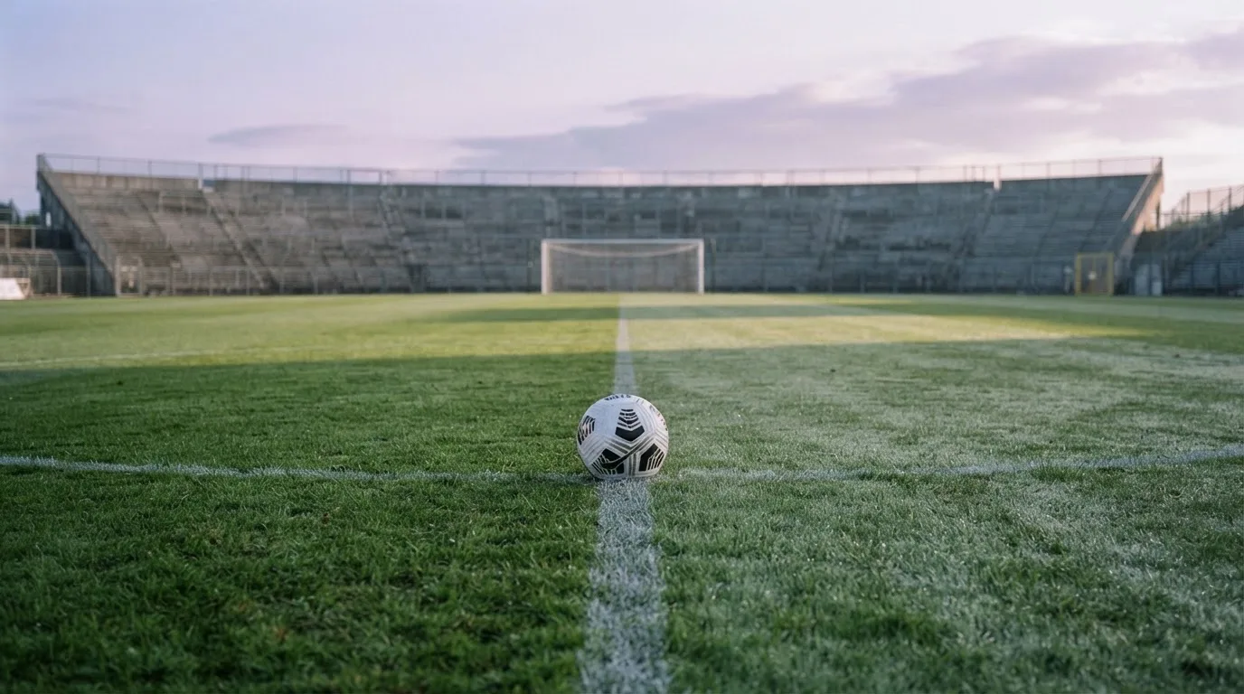 Ein Fußball liegt auf dem Anstoßpunkt eines leeren Rasenplatzes im frühen Morgenlicht, dahinter eine leere Tribüne.
