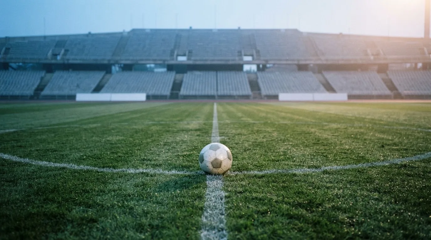 Ein Fußball liegt auf dem Anstoßpunkt eines leeren Rasenplatzes im frühen Morgenlicht, dahinter eine leere Tribüne.