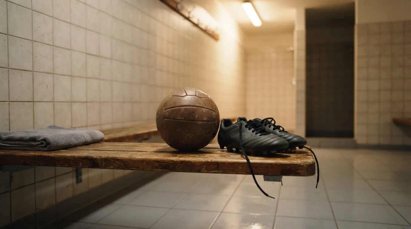 Ein Fußball liegt auf einer Holzbank in einer leeren Umkleide neben einem Paar Fußballschuhen ohne Markenzeichen.