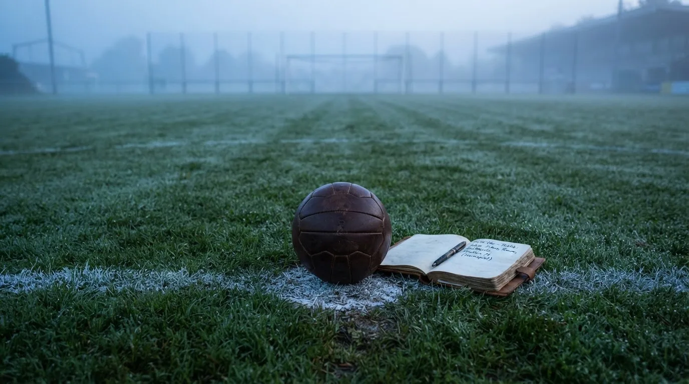 Ein Fußball ruht auf dem Mittelkreis eines leeren Rasenplatzes in der Morgendämmerung, Tau liegt auf dem Gras.