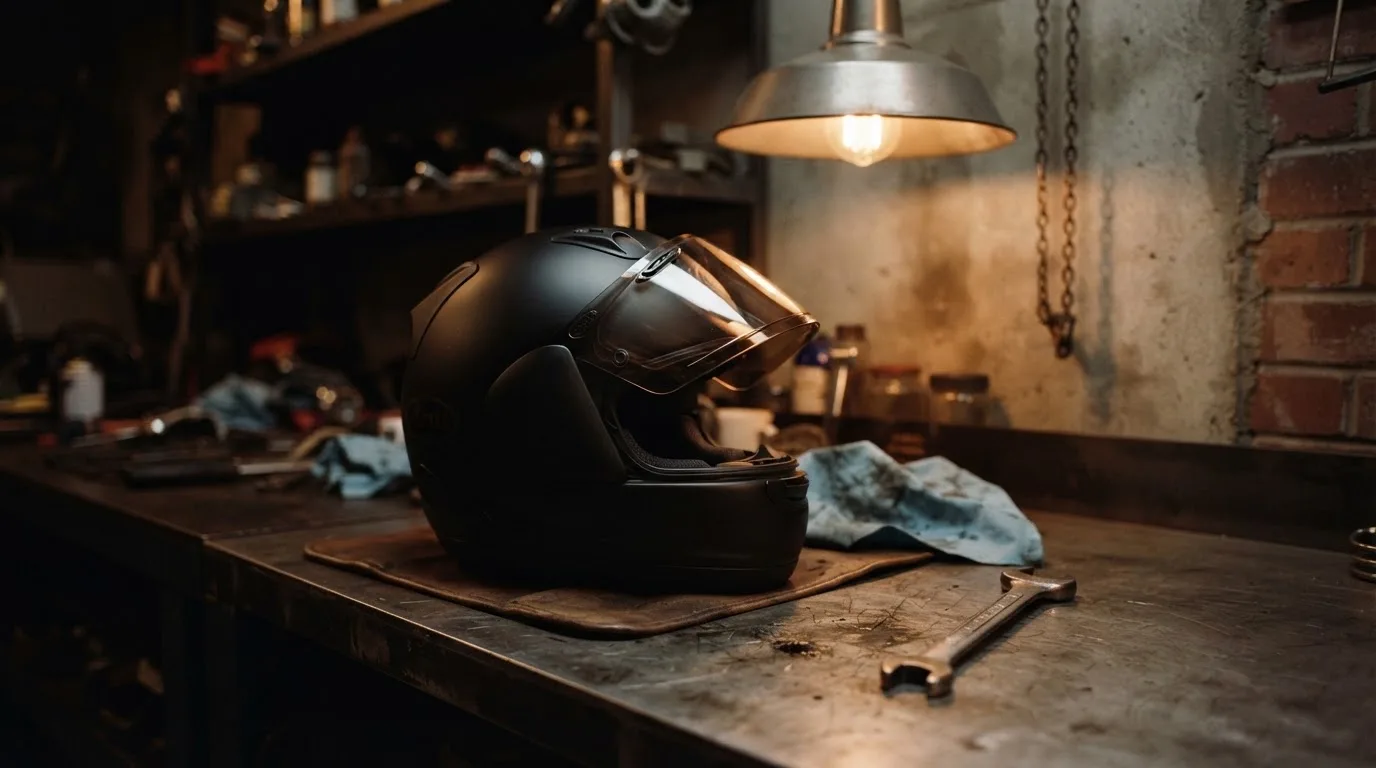 Ein schwarzer Motorradhelm ohne Aufdruck liegt auf einer Werkbank neben einem Schraubenschlüssel, warmes Licht einer Werkstatt.