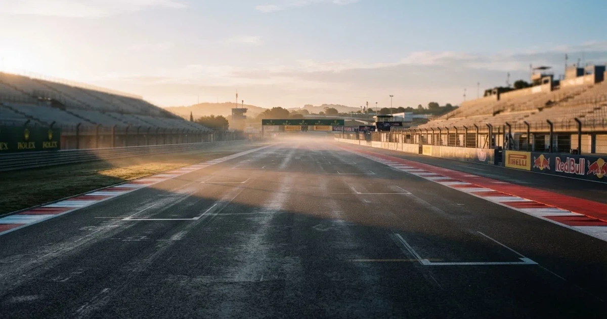 Eine leere Rennstrecke mit rot-weißen Randsteinen im frühen Morgenlicht, auf dem Asphalt liegt dünner Nebel, keine Fahrzeuge.
