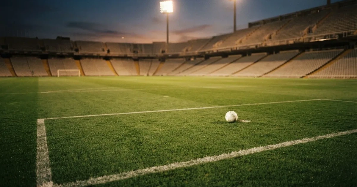 Ein Fußballplatz mit frisch gemähtem Rasen im Abendlicht, ein Ball liegt im Strafraum, im Hintergrund unscharf eine leere Tribüne.