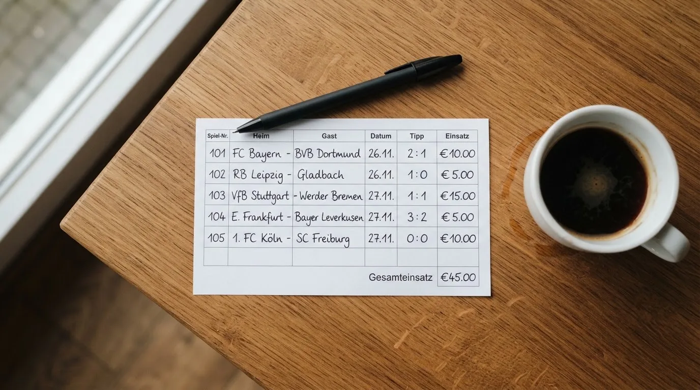 Ein leerer Wettschein aus Papier liegt neben einem Kugelschreiber und einer Tasse Kaffee auf einem Holztisch, Aufnahme von oben.