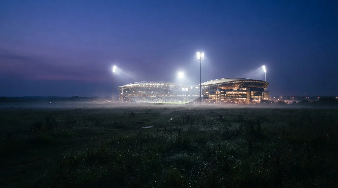 Ein großes Stadion unter Flutlicht, aus der Ferne über eine dunkle Wiese gesehen, die Lichtmasten spiegeln sich im Dunst der Abenddämmerung.