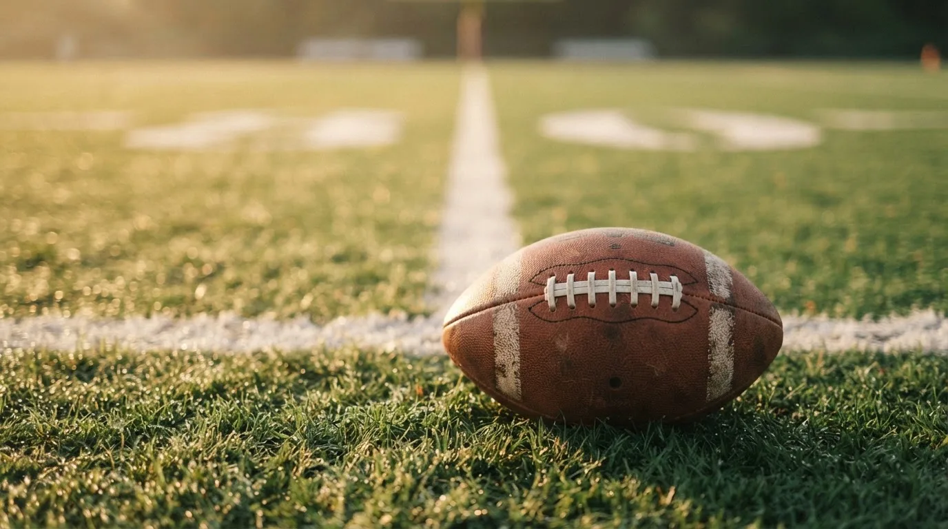 Ein ovaler Lederball mit heller Schnürung liegt auf dem Rasen vor der Endzone, Tau auf dem Gras im ersten Morgenlicht.