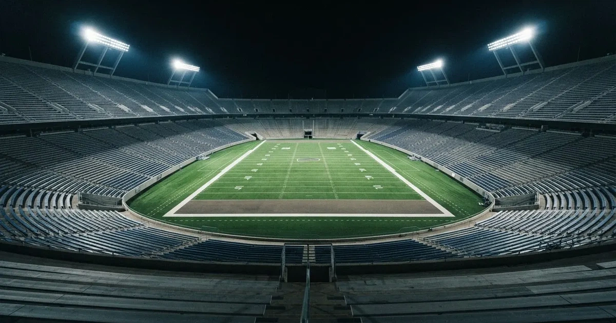 Ein American-Football-Feld mit weißen Yardlinien im Flutlicht, von einer hohen Tribüne aus gesehen, die Ränge leer, Zahlen nicht erkennbar.