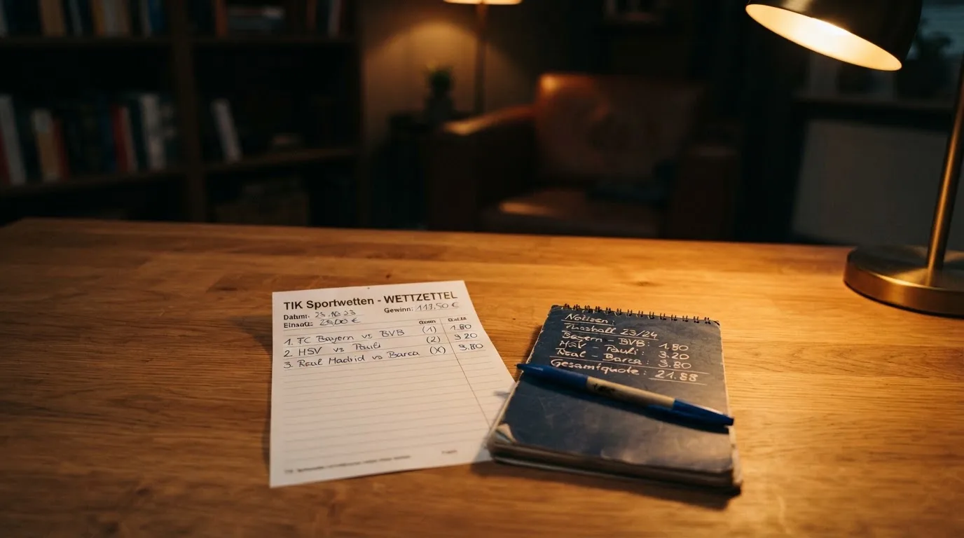 Ein leerer Papierwettschein, ein Kugelschreiber und ein Taschenrechner liegen auf einem Holztisch, warmes Licht einer Schreibtischlampe.