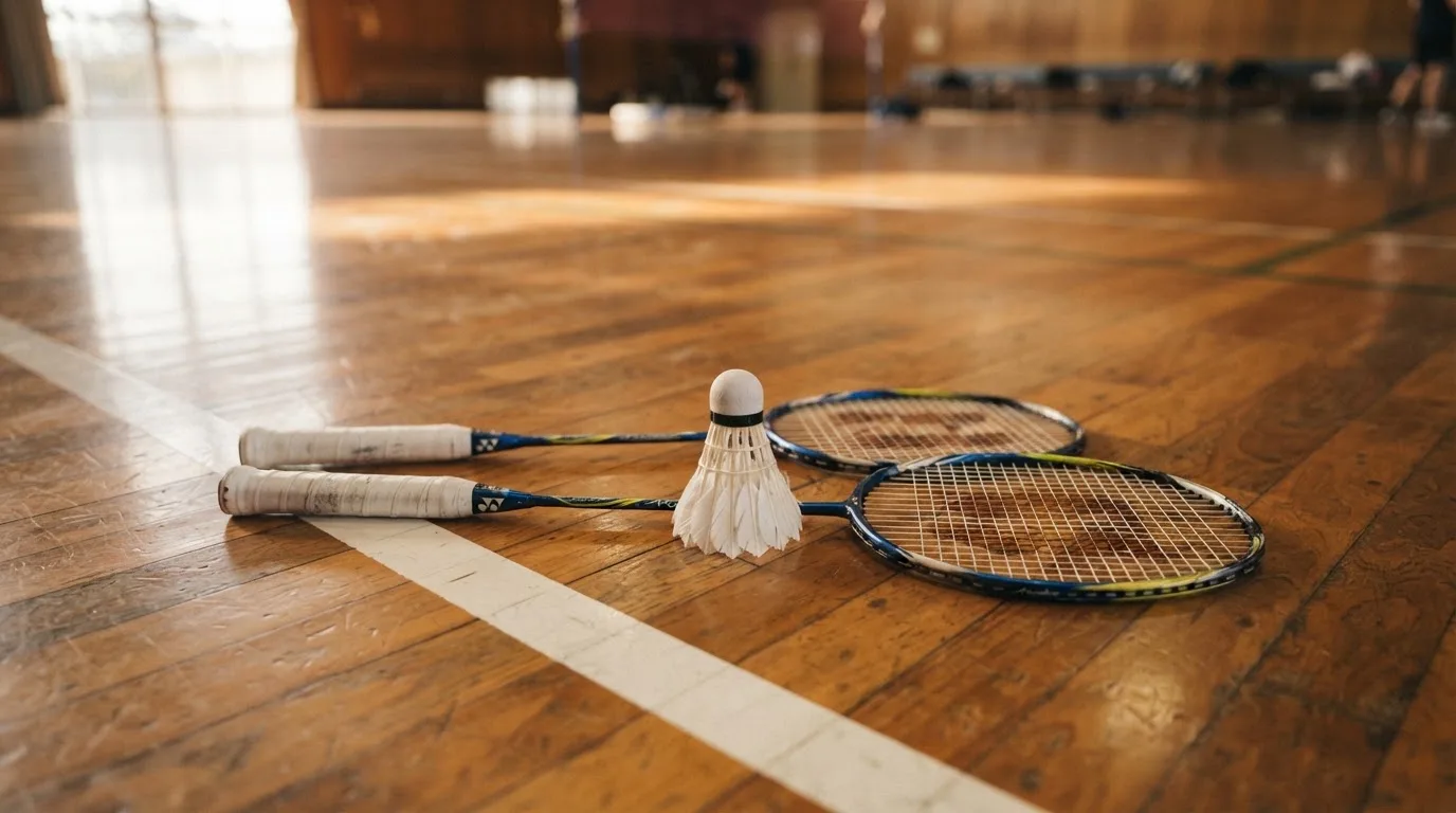 Zwei Badmintonschläger und ein Federball liegen auf einem Holzboden neben der Seitenlinie, weiches Licht fällt von der Seite ein.