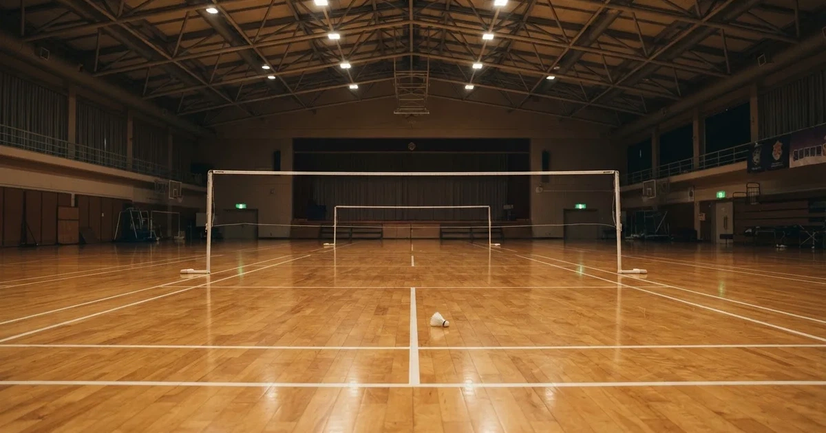 Eine leere Badmintonhalle mit gespanntem Netz und hellen Hallenlichtern, ein Federball liegt auf dem Hallenboden.