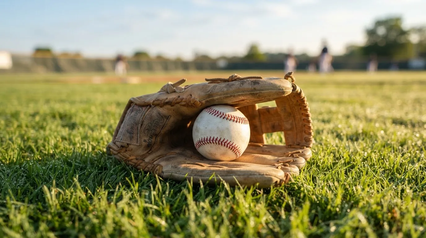 Ein weißer Baseball und ein Lederhandschuh liegen auf kurz geschnittenem Gras, im Hintergrund eine verschwommene Spielfeldbande.