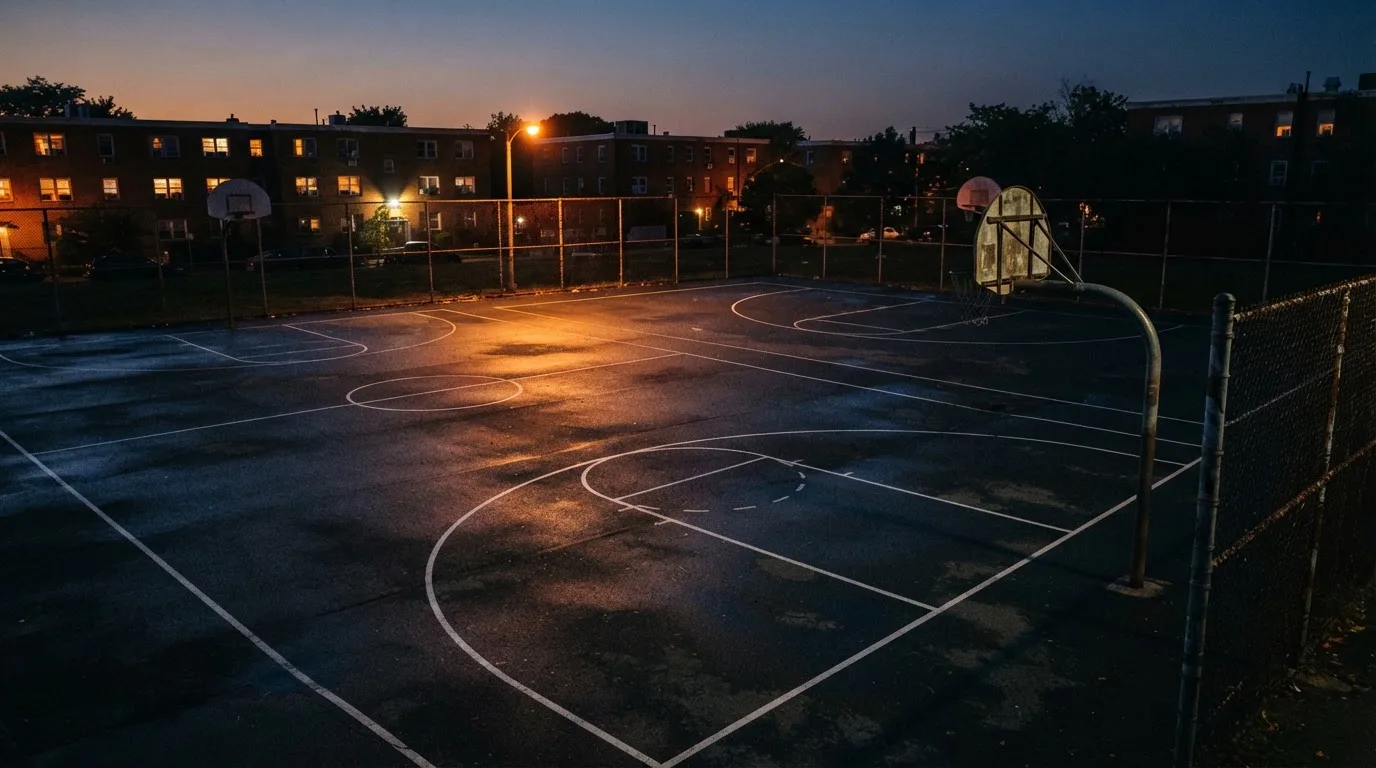 Ein Freiluft-Basketballplatz am Abend mit Asphalt, Linien und zwei Körben unter einer Straßenlaterne.