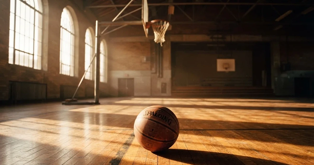 Ein Basketball liegt unter dem Korb auf dem Parkett einer leeren Sporthalle, Licht fällt durch hohe Fenster.