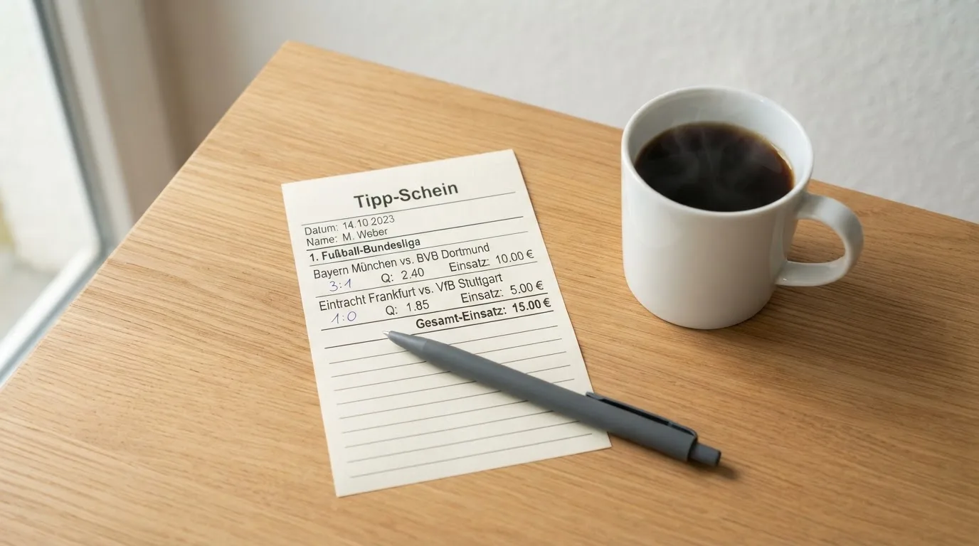 Ein leerer Wettschein aus Papier liegt neben einem Kugelschreiber und einer Tasse auf einem hellen Holztisch.