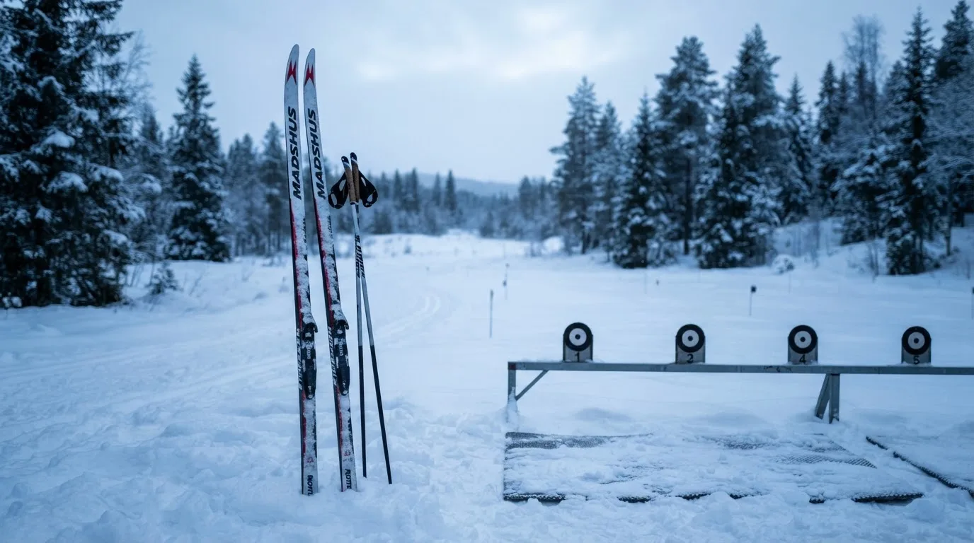 Ein Paar Langlaufskier steckt aufrecht im Schnee neben einem leeren Schießstand mit runden Zielscheiben, kaltes Winterlicht.