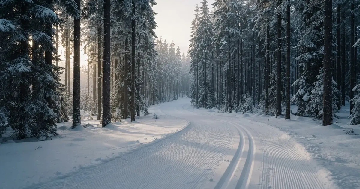 Eine verschneite Loipe zwischen Fichten im Morgenlicht, frische Spuren im Schnee, kein Mensch zu sehen.