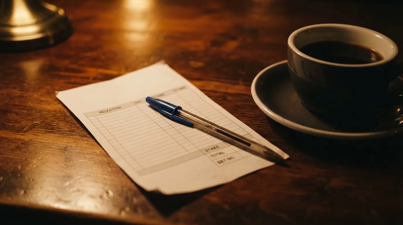Ein leerer Papierwettschein und ein Kugelschreiber liegen auf einem Holztisch neben einer Tasse, warmes Licht einer Lampe.