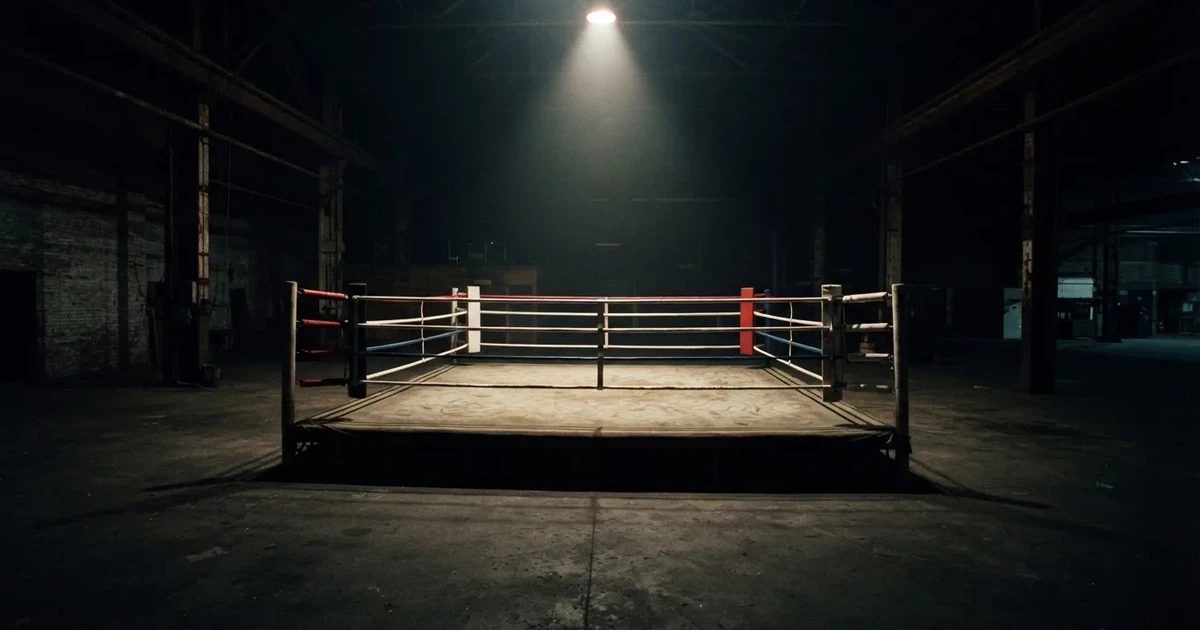 Ein Boxring mit gespannten Seilen in einer leeren Halle, ein einzelner Scheinwerfer leuchtet von oben auf die Ringmatte.
