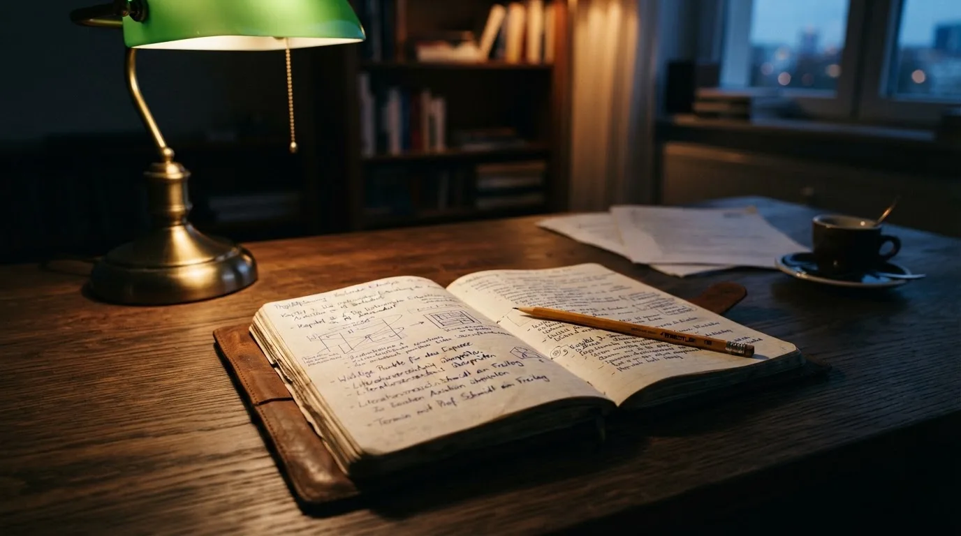 Ein Notizbuch mit handschriftlichen Notizen und ein Bleistift liegen neben einer Tischlampe auf einem Schreibtisch, ruhiges Abendlicht.