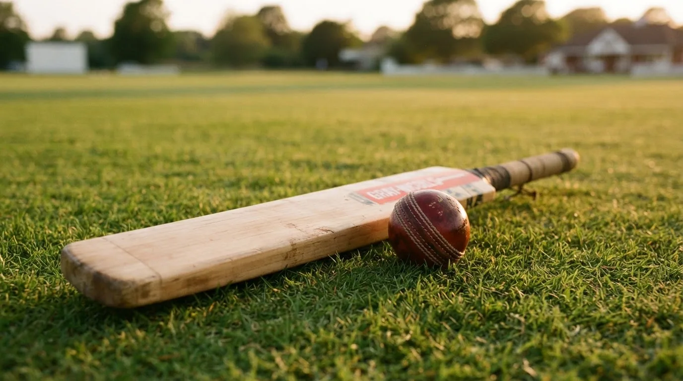 Ein Cricketschläger aus hellem Holz und ein roter Lederball liegen auf kurzem Rasen, weiches Abendlicht.