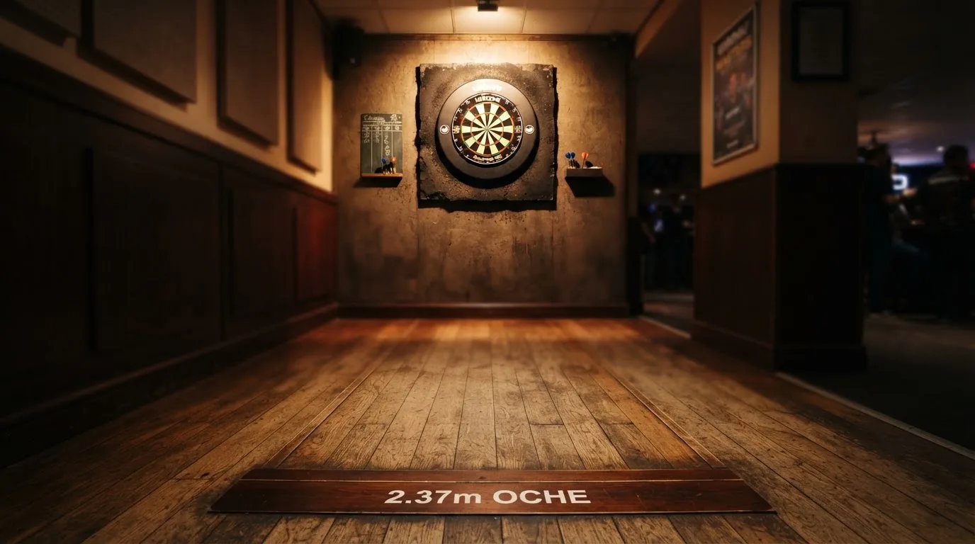 Eine Wurflinie aus Holz auf dem Hallenboden, im Hintergrund in der Ferne eine Dartscheibe an der Wand.